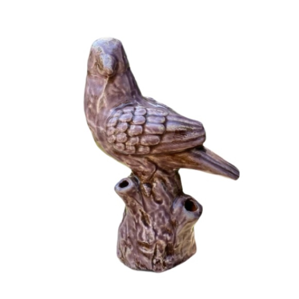 GARDEN BIRD Perched upon a Tree Stump Ceramic Purple 9x 7 x 3 inches
